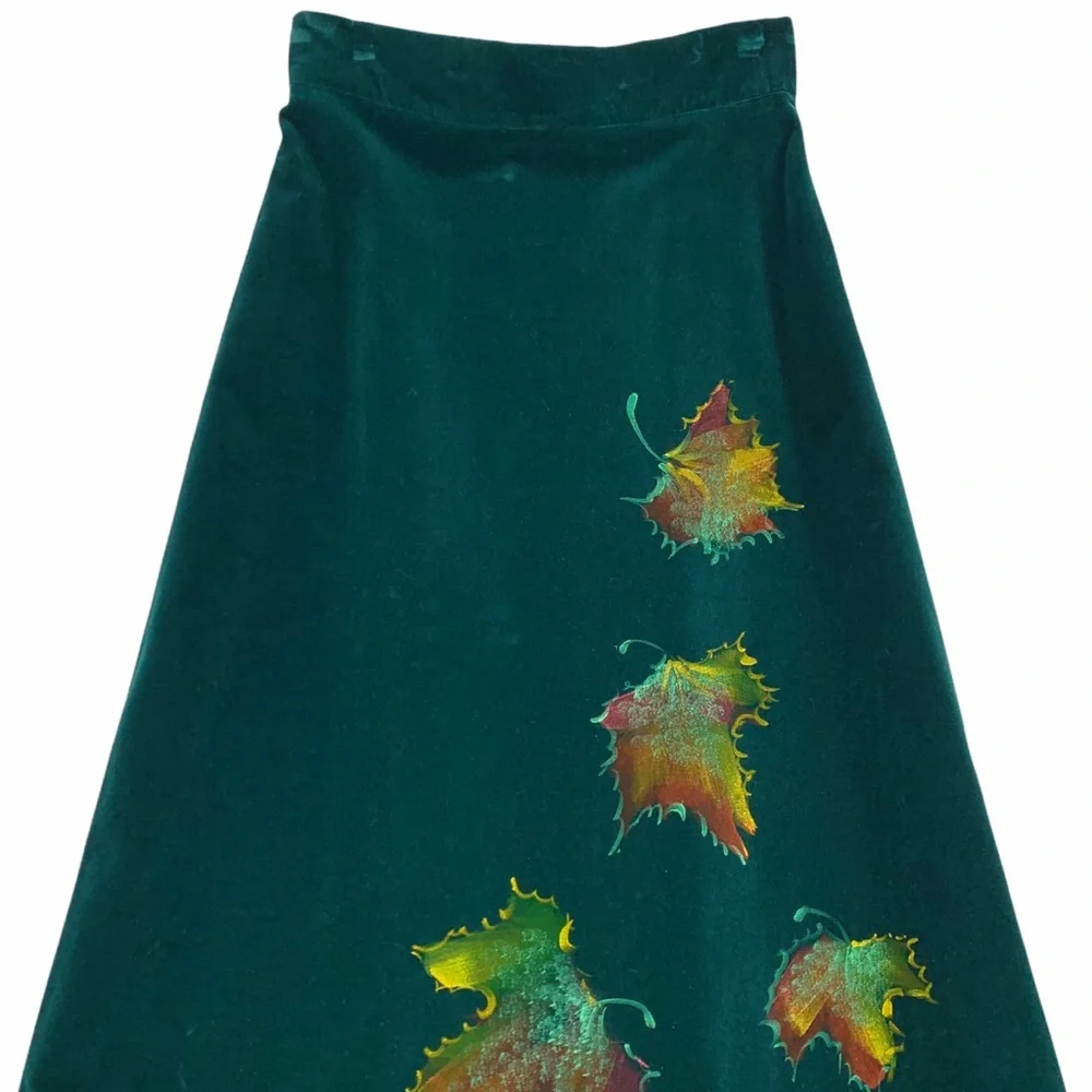 Vintage Italian Made Heavy Weight Green Velvet Skirt Custom Hand Painted Leaves